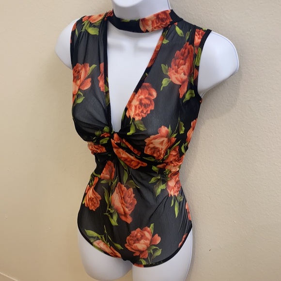 Black Red Floral Sleeveless Mesh Bodysuit L - Picture 2 of 5